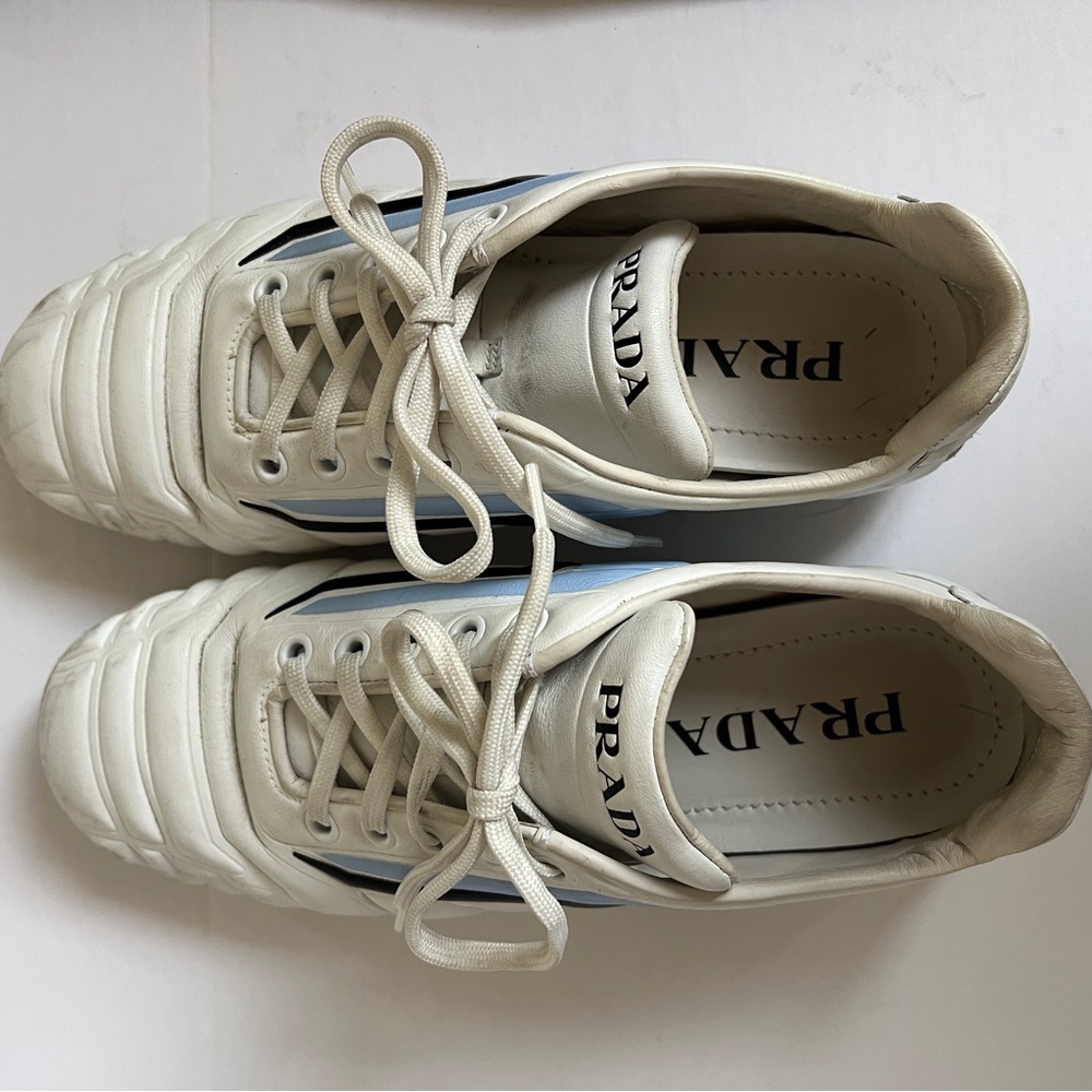 Prada womens White Leather Sneakers with Light Blue and Black Accents size 36 - Picture 4 of 13